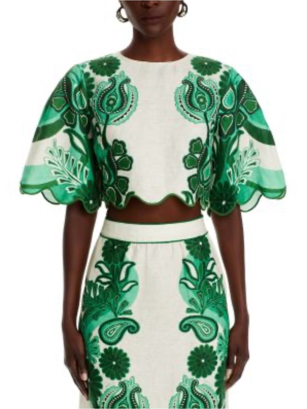 FARM Rio Green and White Embroidered Scallop-Hem Crop Top - Picture 2 of 5